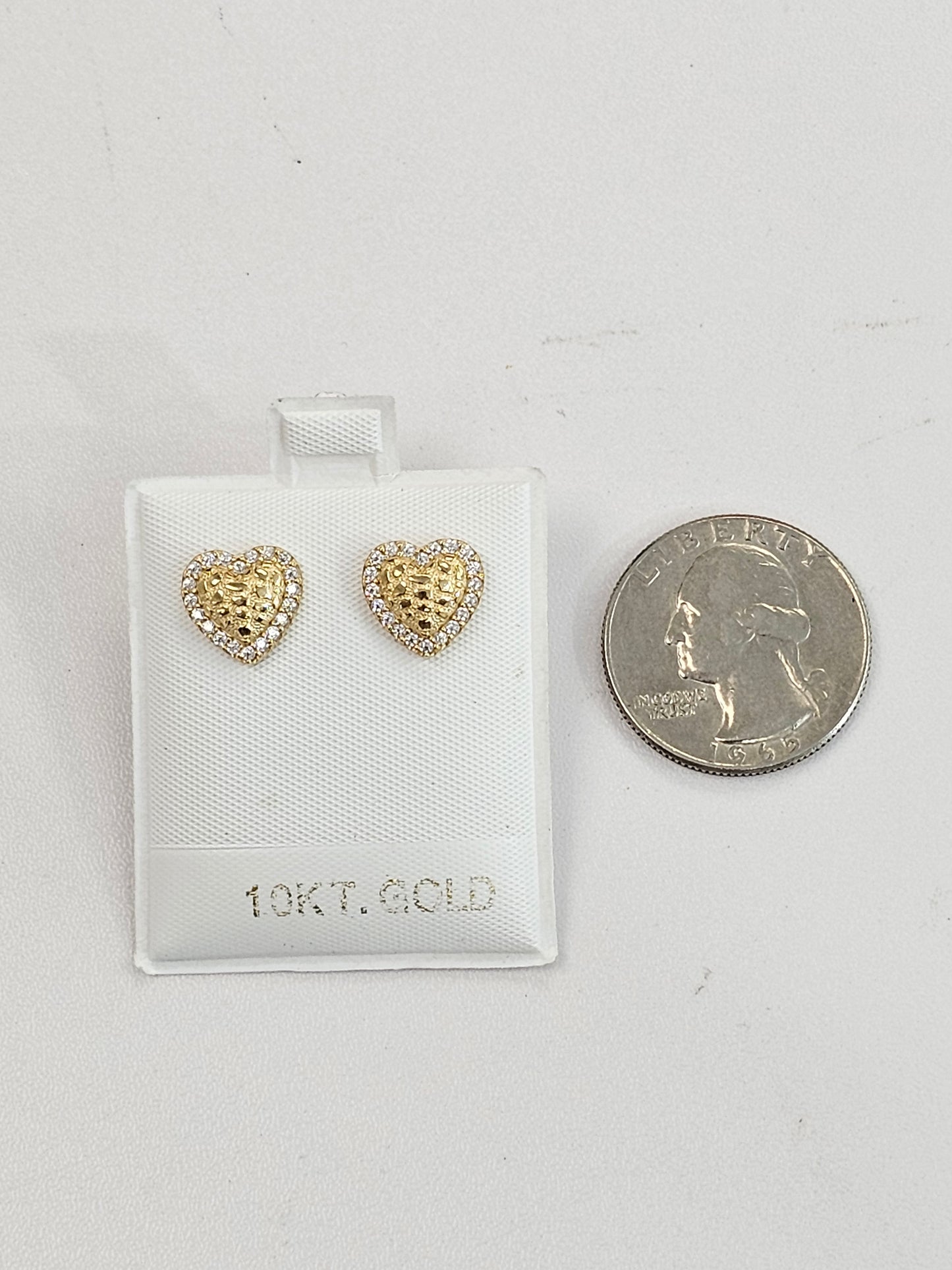 10kt Gold Heart Nugget Earrings With Cubic Zirconia Border