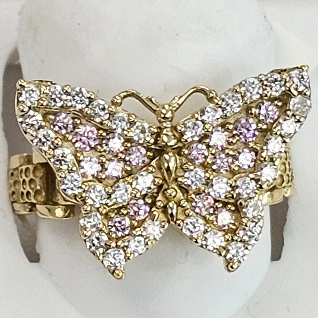 10kt Gold Pink Cubic Zirconia Butterfly Ring With a Watch Design Inspired Band