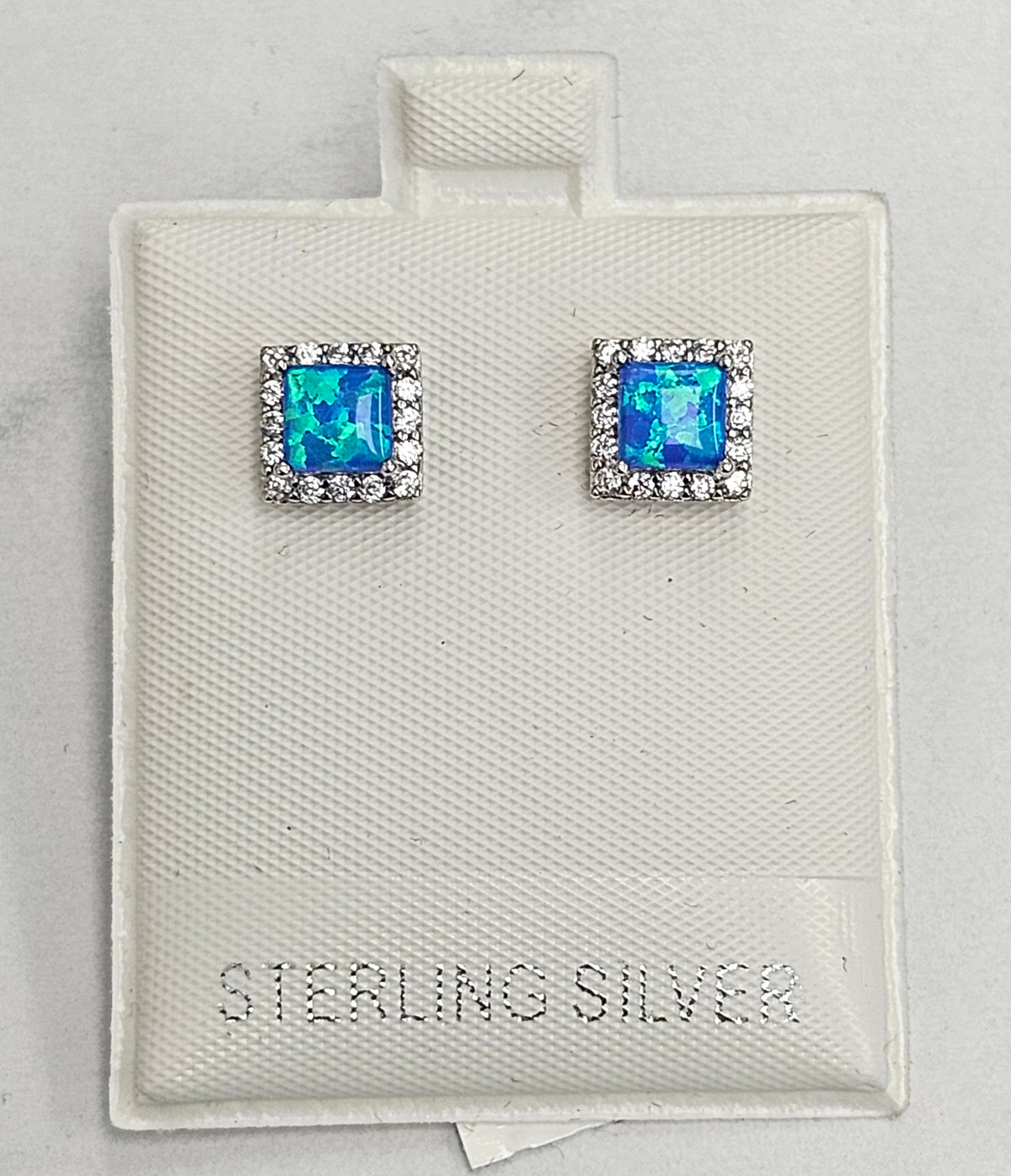 Silver Square Blue Opal Earrings