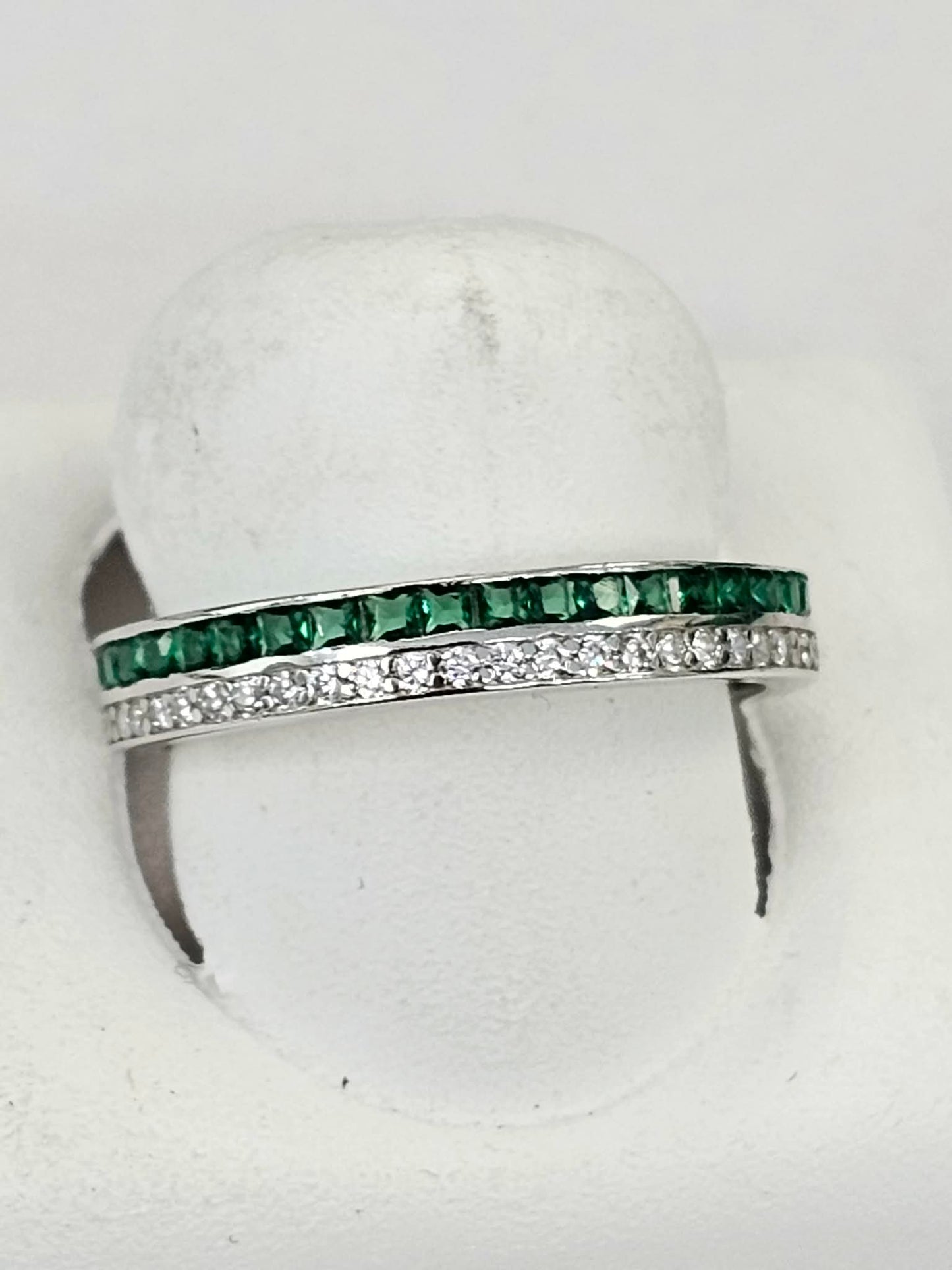 Silver Band With Green & White CZs