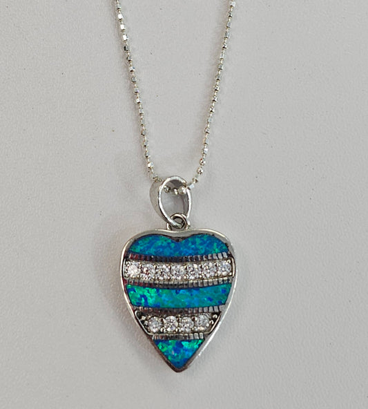 Silver & Opal Striped Heart Necklace