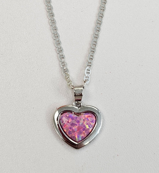 Silver & Opal Pink Heart Necklace