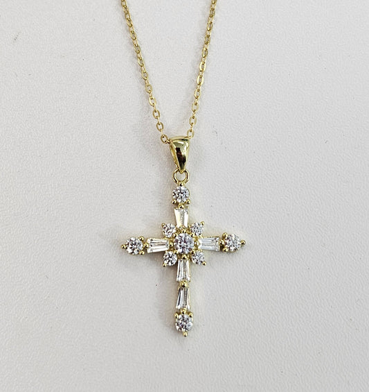 Gold Over Silver Cubic Zirconia Cross Necklace