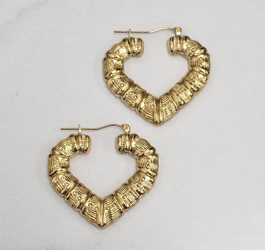 10kt Gold Bamboo Heart Hoop Earrings