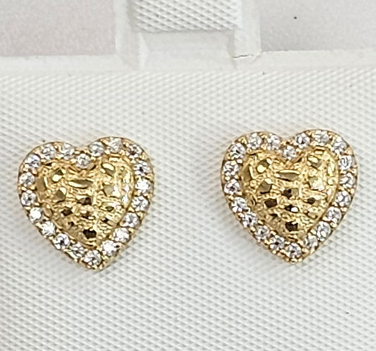 10kt Gold Heart Nugget Earrings With Cubic Zirconia Border