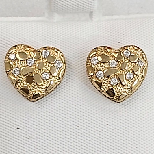 10kt Gold Nugget Heart Earrings With Cubic Zirconia Accents