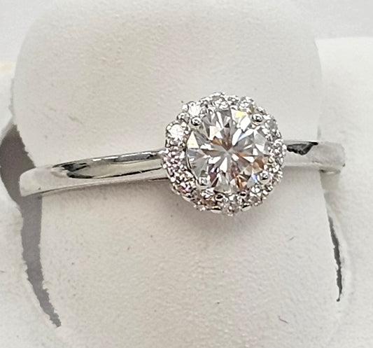 Silver Moissanite Round Ring With Melee Border