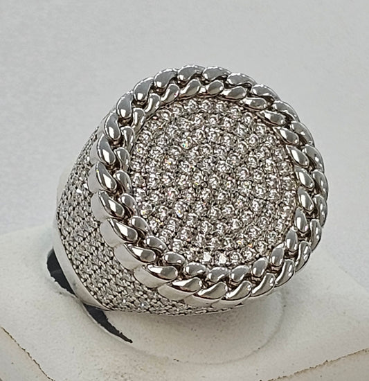 Silver Circle Moissanite Ring With Cuban Border