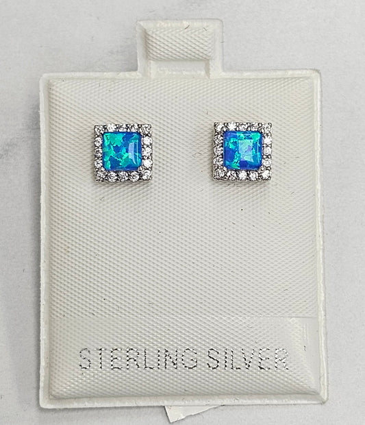 Silver Square Blue Opal Earrings
