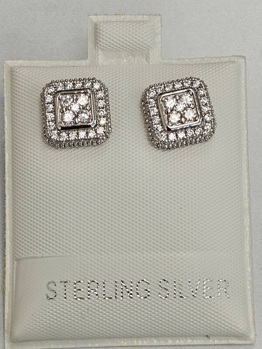 Silver Square Cluster Cubic Zirconia Earrings