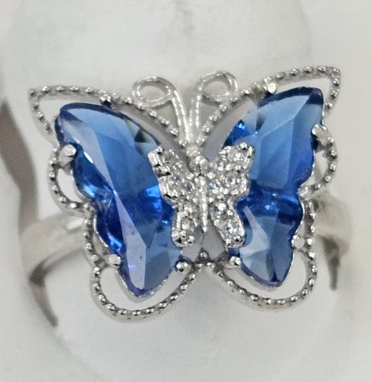 Silver Butterfly Ring With Blue CZs