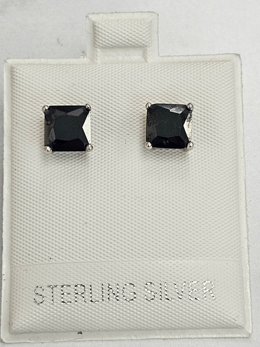 Silver Black Stone Stud Earrings