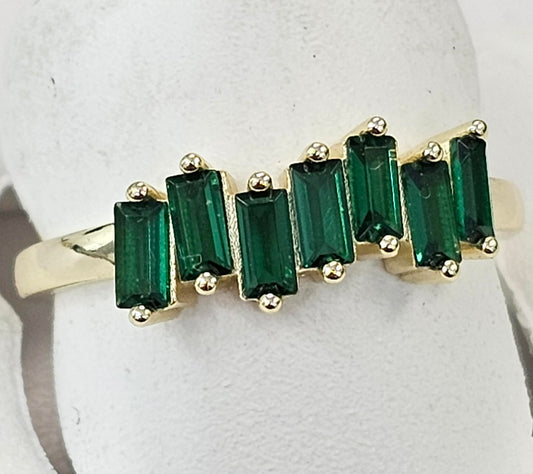 Silver Ring With Green Emerald Cut Stones And Gold Coating