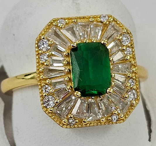 Silver Ring With Gold Coating And Emerald Cut CZ