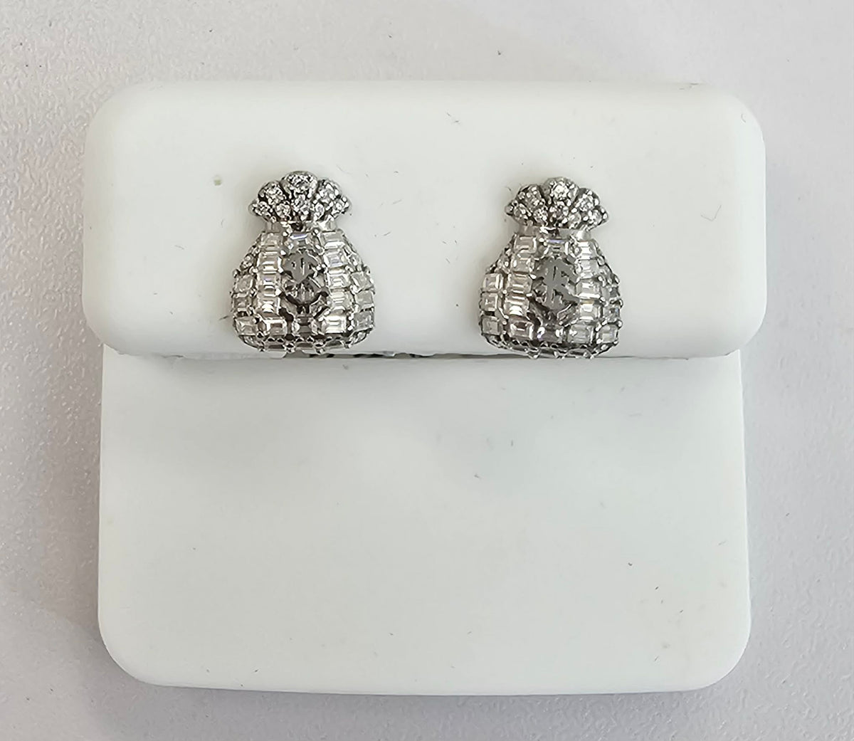 Silver Money Bag Earrings and 0.89cttw VVS Moissanite Stones