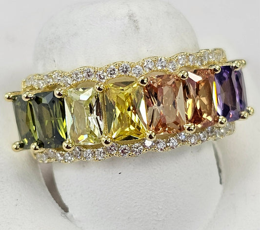 Silver Band With Colorful CZs and Gold Coating